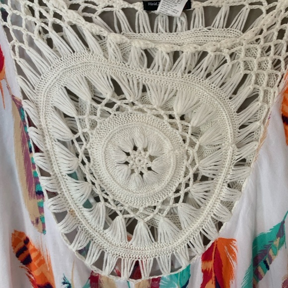 White and Orange Asymmetrical Crochet Blouse with 3/4 Sleeves - Picture 5 of 5